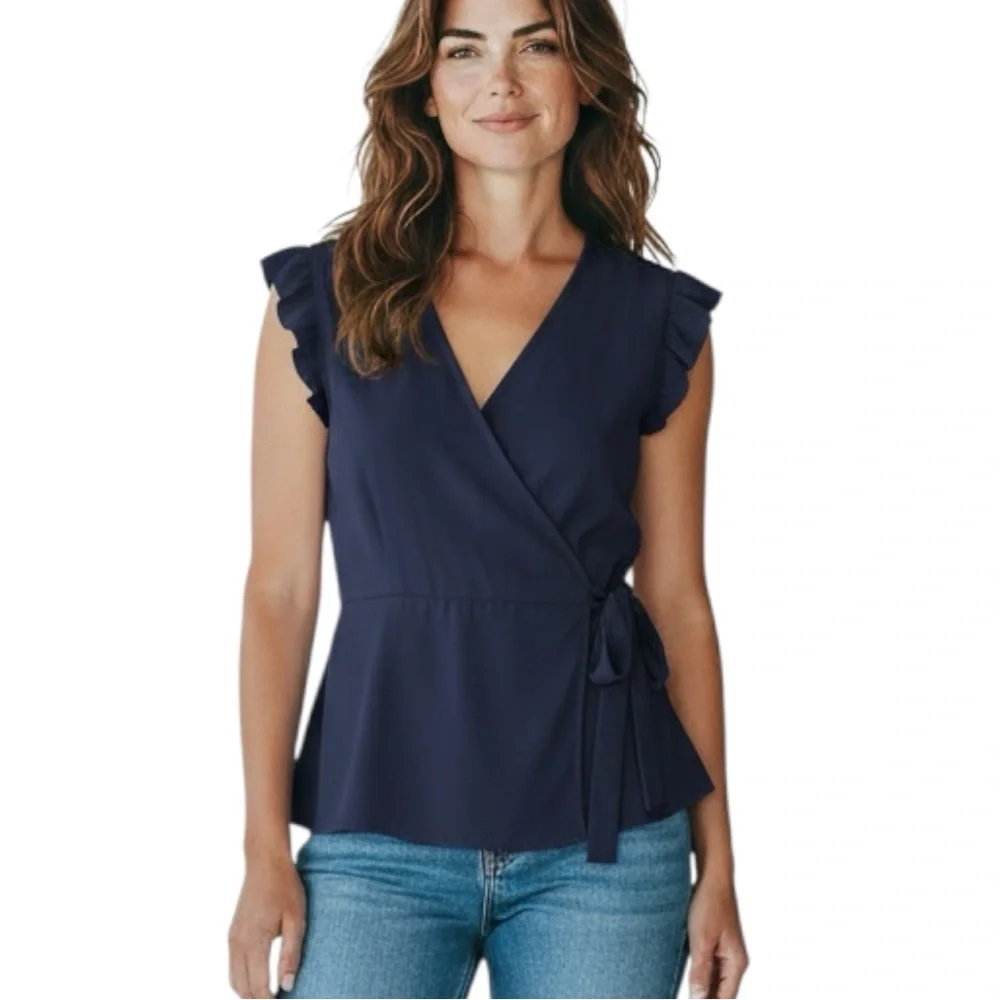 Monteau Los Angeles Wrap Top Small Blue Ruffle Sleeve Peplum Blouse Tie Waist - Picture 1 of 8